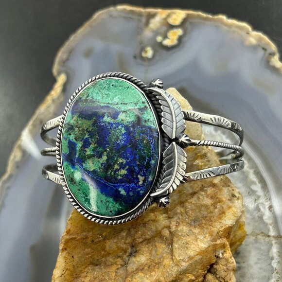 Sterling Silver Southwestern Style Oval Azurite Decorated Bracelet For Women - Picture 6 of 10